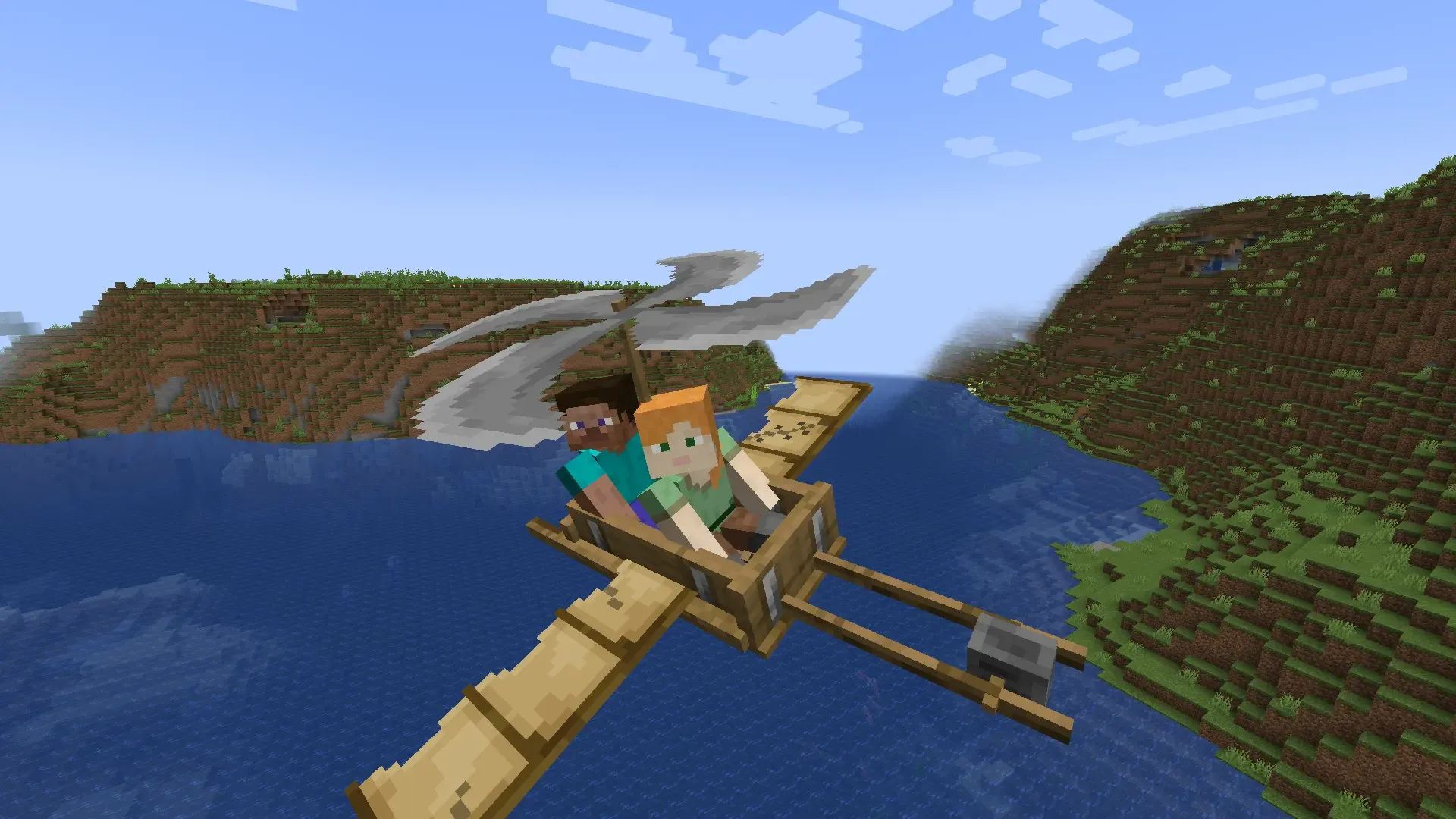Wooden biplane flying over a green landscape with floating islands