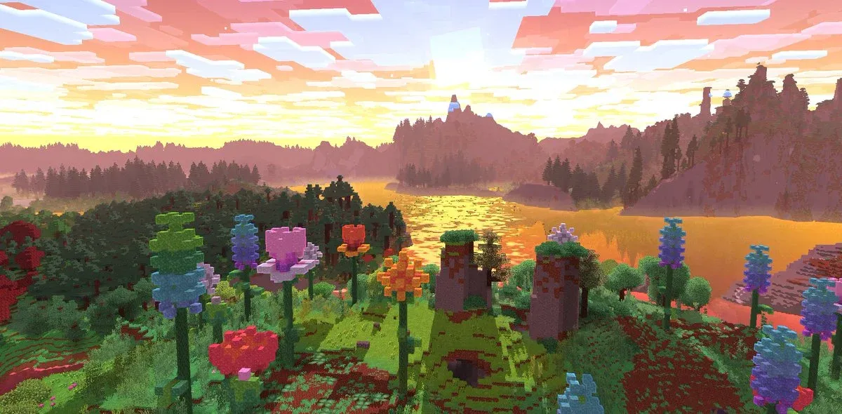 Lush green forest biome at sunset with glowing trees