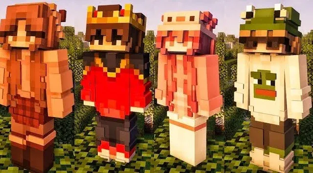 Three player characters with different custom skins standing at spawn