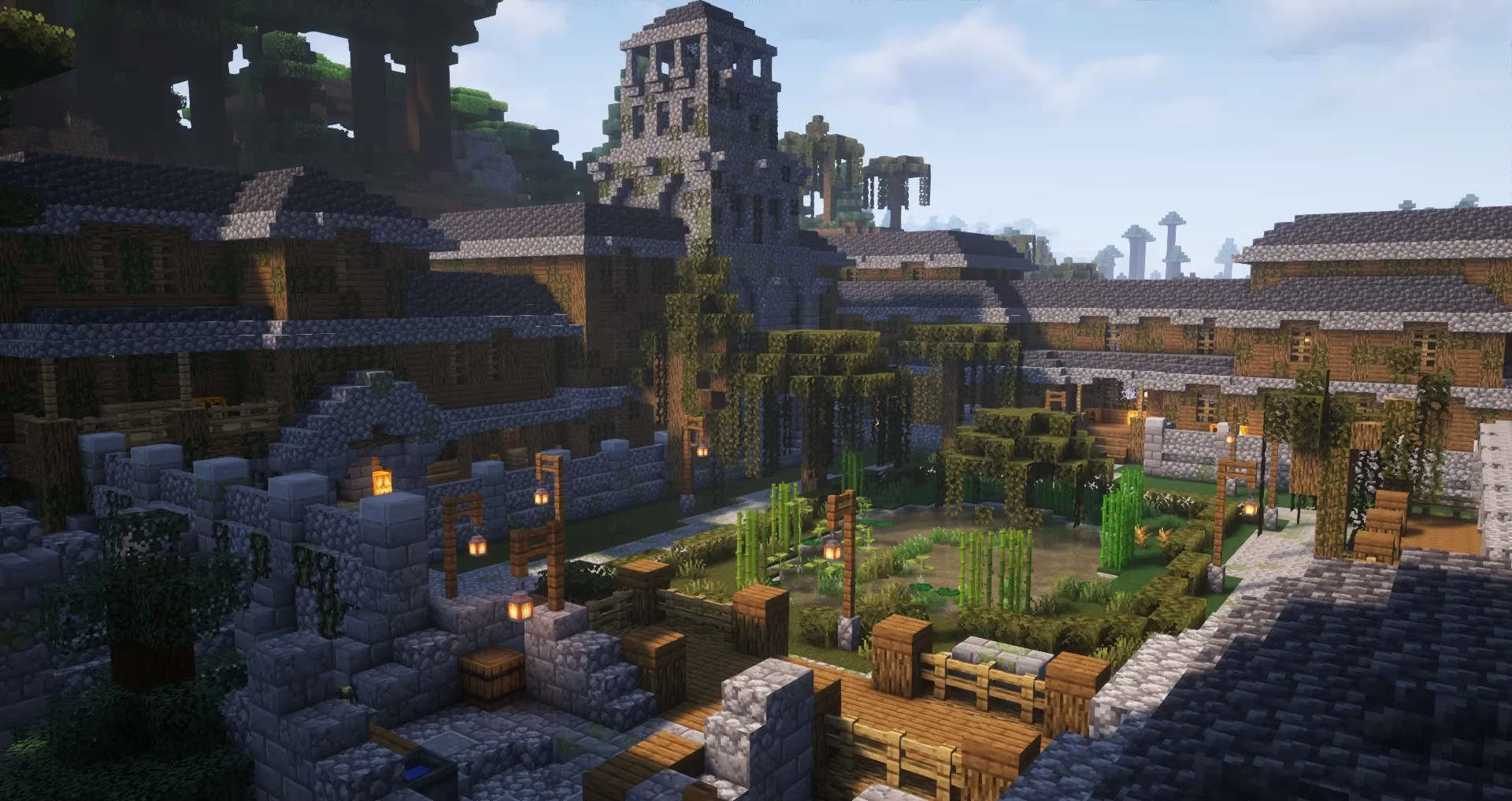 Stone dungeon entrance with torches and ivy on a hillside