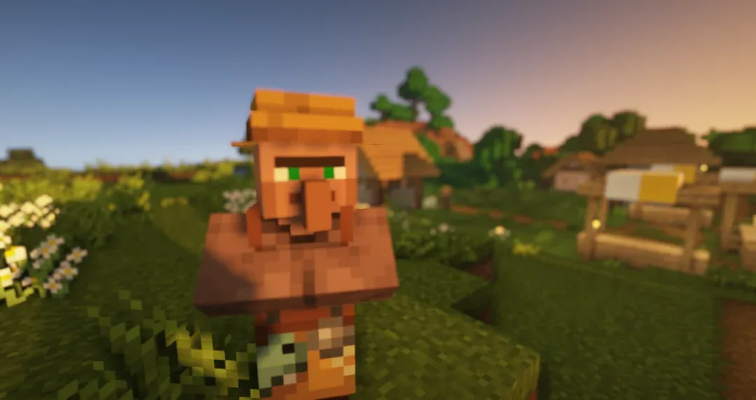 Player trading with a villager in a wooden market stall with emerald particles
